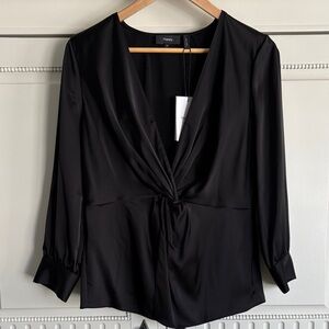 Theory LS Twist Black Satin Long Sleeve Blouse | NWT